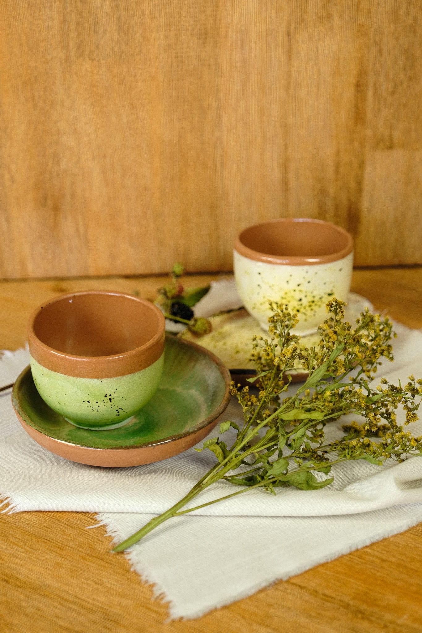 Tea/coffee set - handmade ceramic - green/yellow